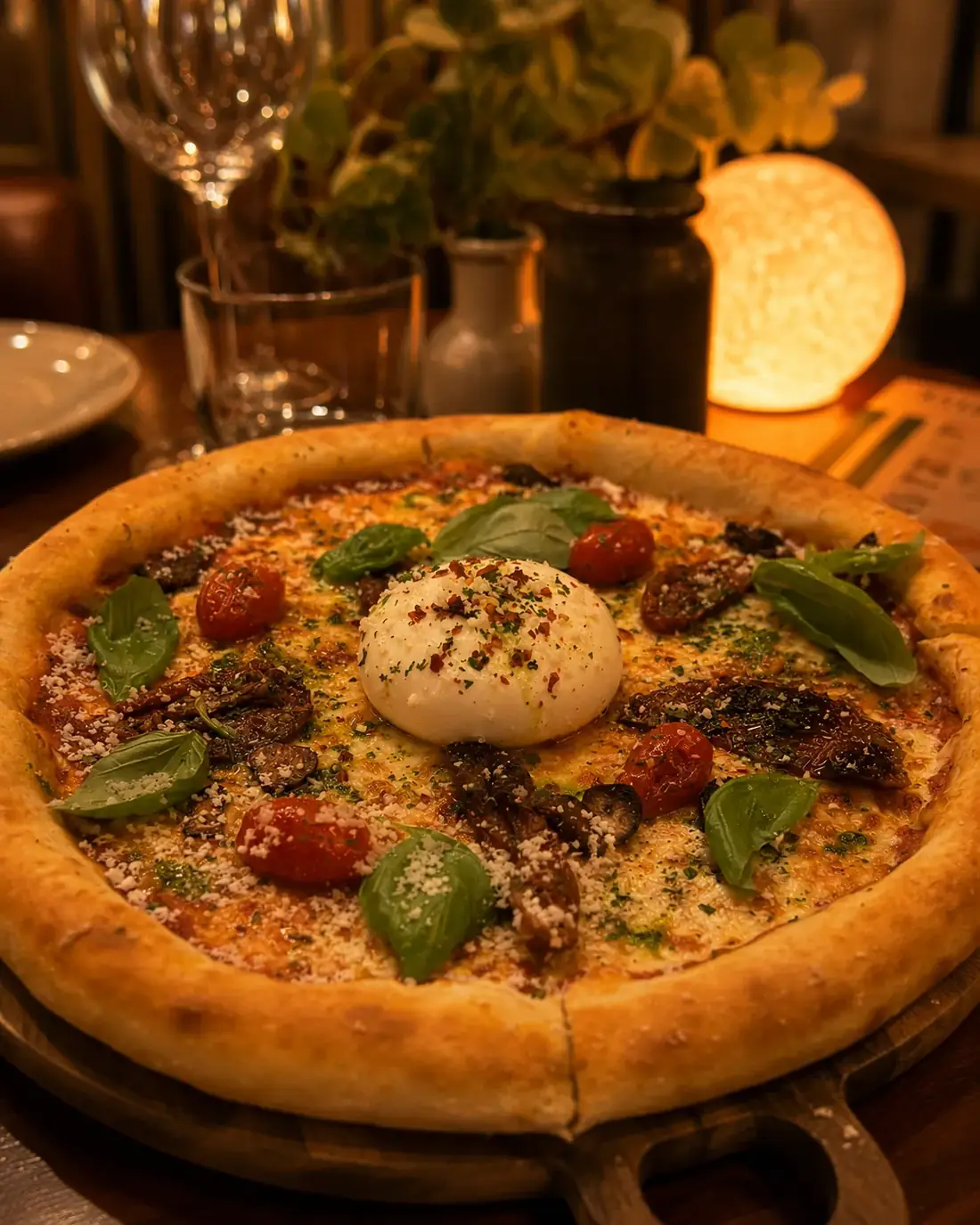 Pizza med burrata, basilika och soltorkade tomater på Midpoint