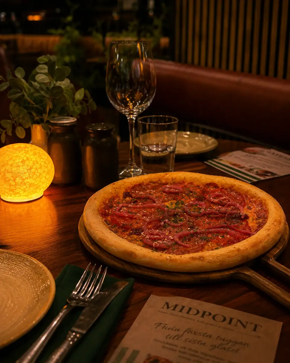 Pepperonipizza med picklad rödlök på Midpoint